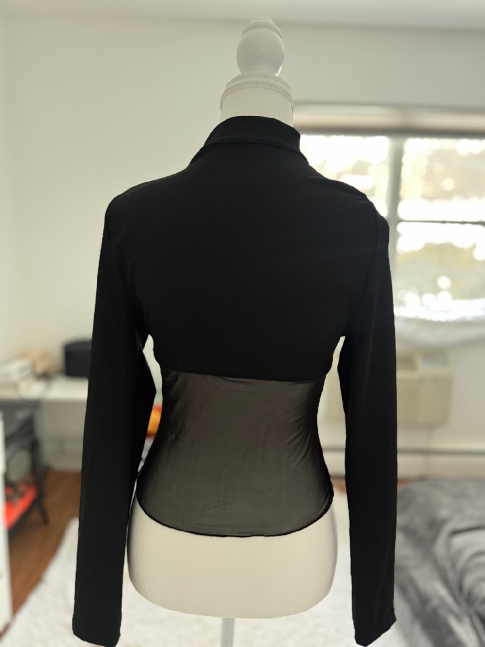 Black Mesh Corset Top Sheer Waist Long Sleeve High Neck Fitted Blouse - Picture 3 of 4
